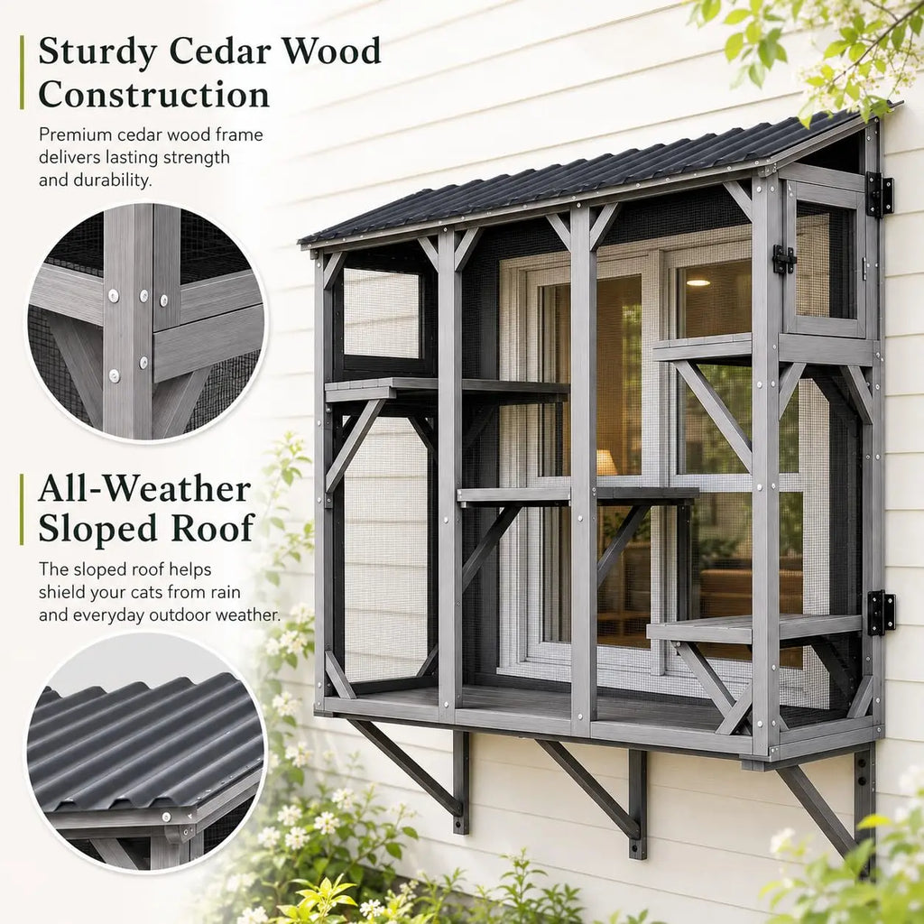 Catio Cat Enclosure, Wood Window Box, UV-Resistant Roof & Rust-Resistant Steel Mesh, Pet House with 2 Lounging Boxes and 5 Platforms, All-Weather Use, Keeps Insects Out