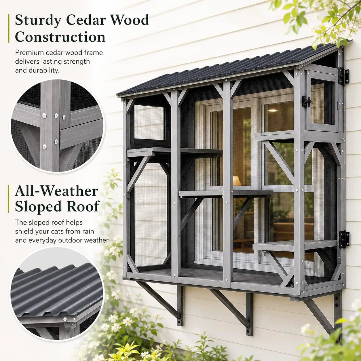 Catio Cat Enclosure, Wood Window Box, UV-Resistant Roof & Rust-Resistant Steel Mesh, Pet House with 2 Lounging Boxes and 5 Platforms, All-Weather Use, Keeps Insects Out
