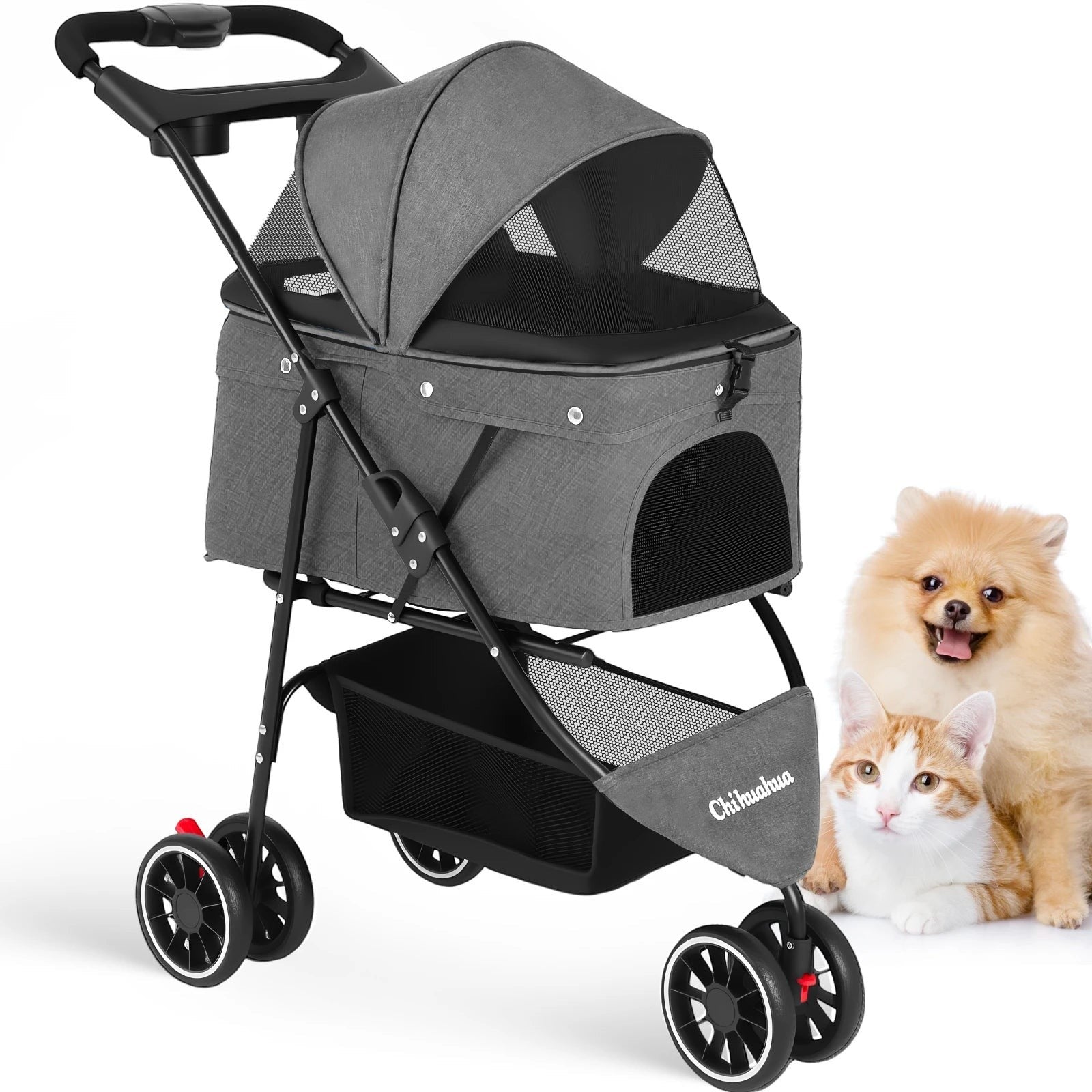 Mincy Pets Foldable 3-Wheel Pet Stroller with Mesh Canopy product photo.