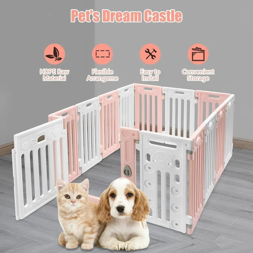 Portable 13-Panel Dog Playpen with Door, Non-Slip and Secure, Ideal for Puppy Play and Exercise (Pink & White)
