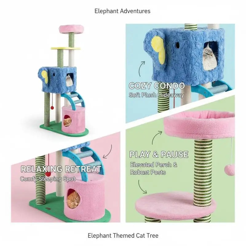 Elephant Themed Cat Tree for Cats with Condos and Padded Perch-Colourful