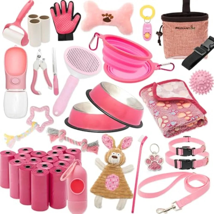 Puppy Supplies Starter Kit - Puppy Essentials Includes Dog Squeaky Toys Collar Leash Treat Bag Poop Waste Bag Blanket Bowls Wat