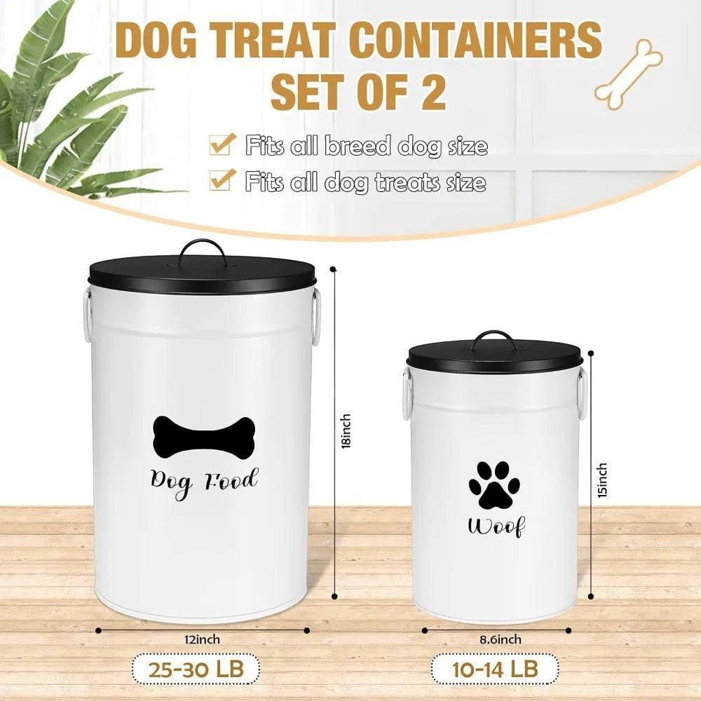 Extra Large 30+14 lbs Metal Dog Food Storage Containers Set of 2 Airtight Treat Jars with Lids & Scoops, Farmhouse Style