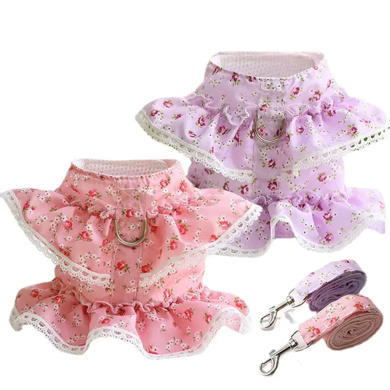 Small Dog Clothes Pet Cat Harness With Leash Lace Teddy Bichon Spring Summer Autumn Dog Leash Cat Supplies