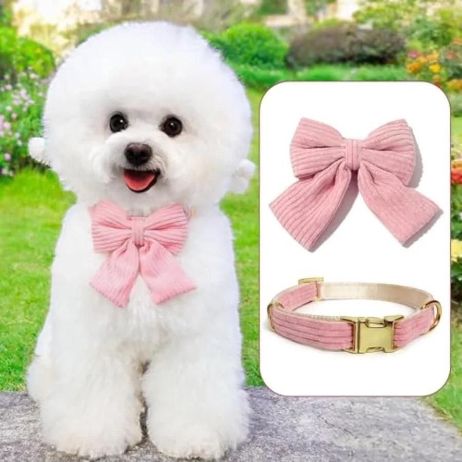 Cute Small Dog Harness Collar and Leash Set with Detachable Bowtie, Adjustable Dog Harness Collar and Leash Set with Secure Met