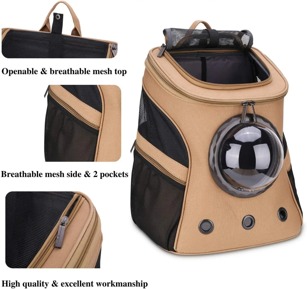 Large Pet Carrier Backpack for Fat Cats & Puppies, Airline-Approved, Bubble Window, Khaki