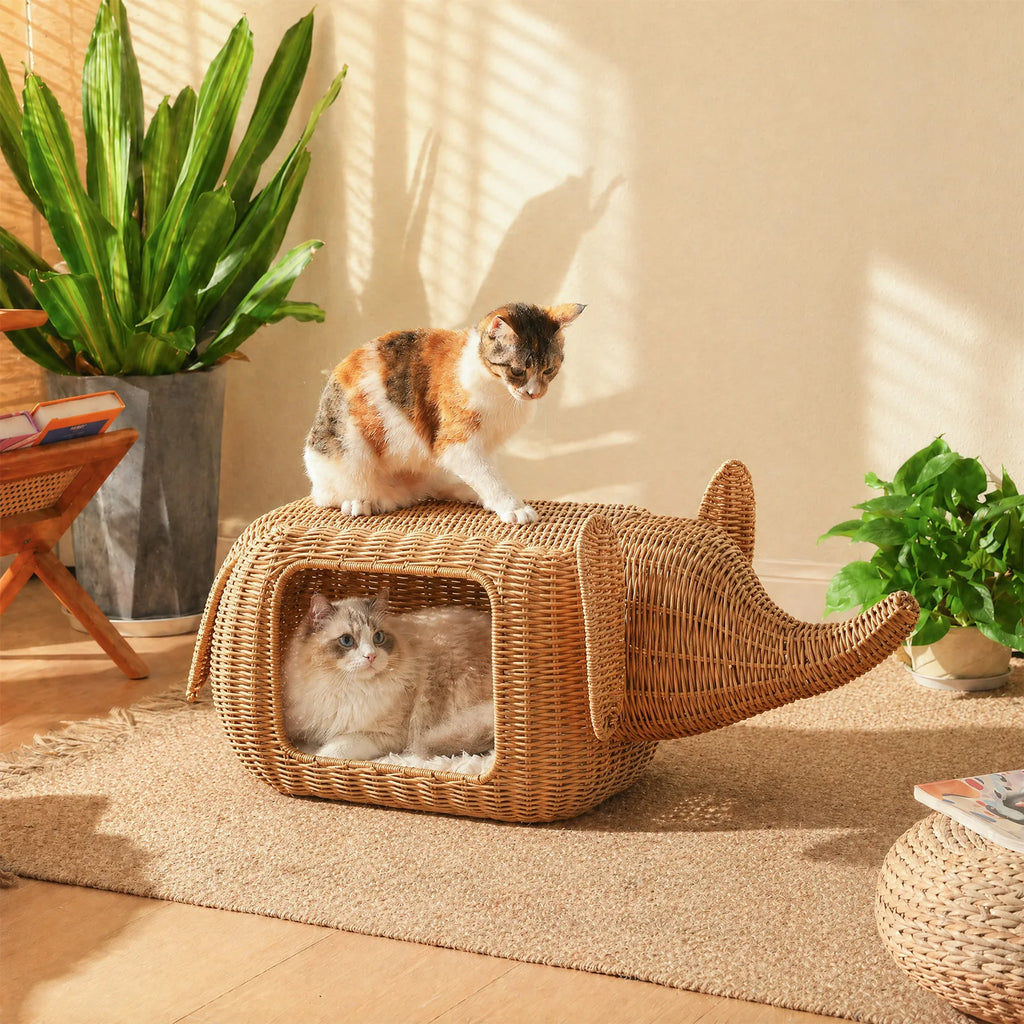 Elephant Rattan Cat Condo: Woven-Style Wicker Hideaway with Cushion