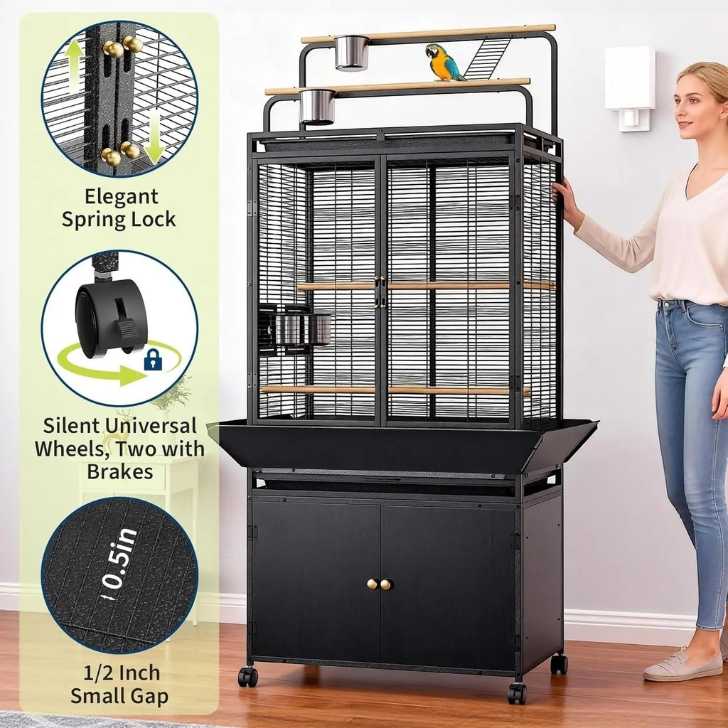 Large Bird Cage, 71" h Rolling Birdcage with Play Top & Storage Cabinet, Wood Parakeet Cage for Macaw Parakeet Parrot Cockatiel Budgie (Dark Walnut)