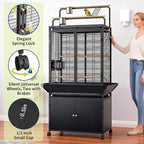 Large Bird Cage, 71" h Rolling Birdcage with Play Top & Storage Cabinet, Wood Parakeet Cage for Macaw Parakeet Parrot Cockatiel Budgie (Dark Walnut)
