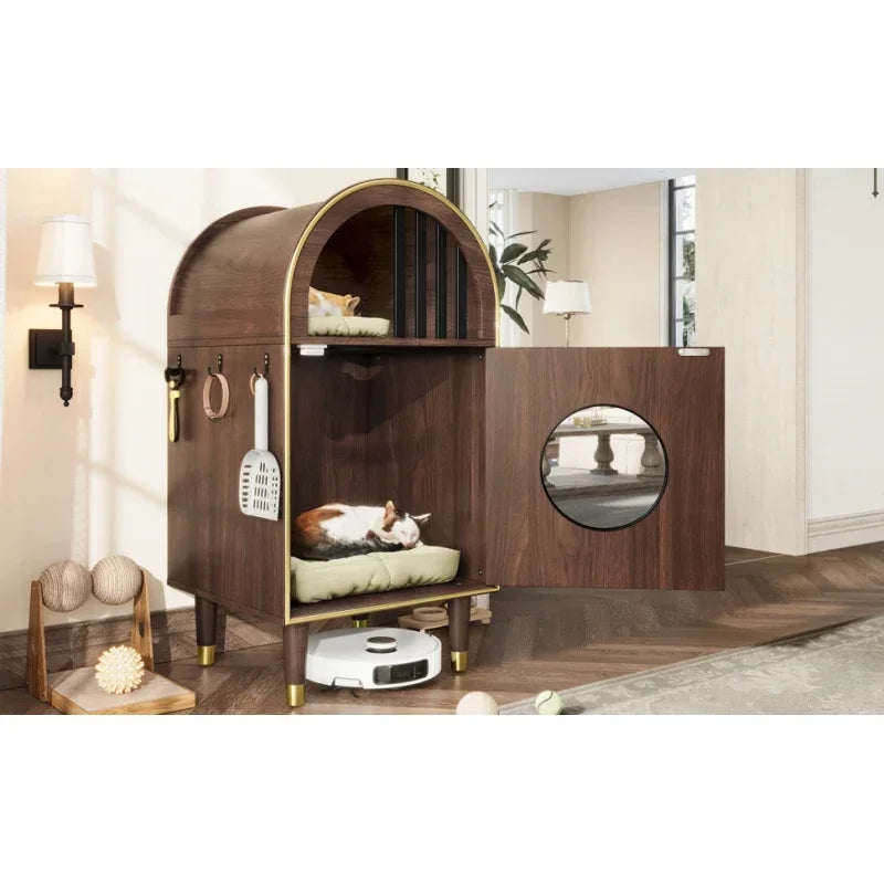 Cat Litter Box Enclosure , 2-in-1 Condo Cat Bed, Cat Shelter Furniture with Two-Level Cozy Haven for 2 Cats, Cute Kitty Condo for Sleeping, Luxury Cat House& Furniture, Espresso