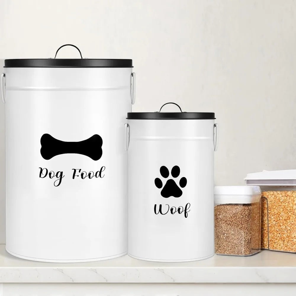 Extra Large 30+14 lbs Metal Dog Food Storage Containers Set of 2 Airtight Treat Jars with Lids & Scoops, Farmhouse Style