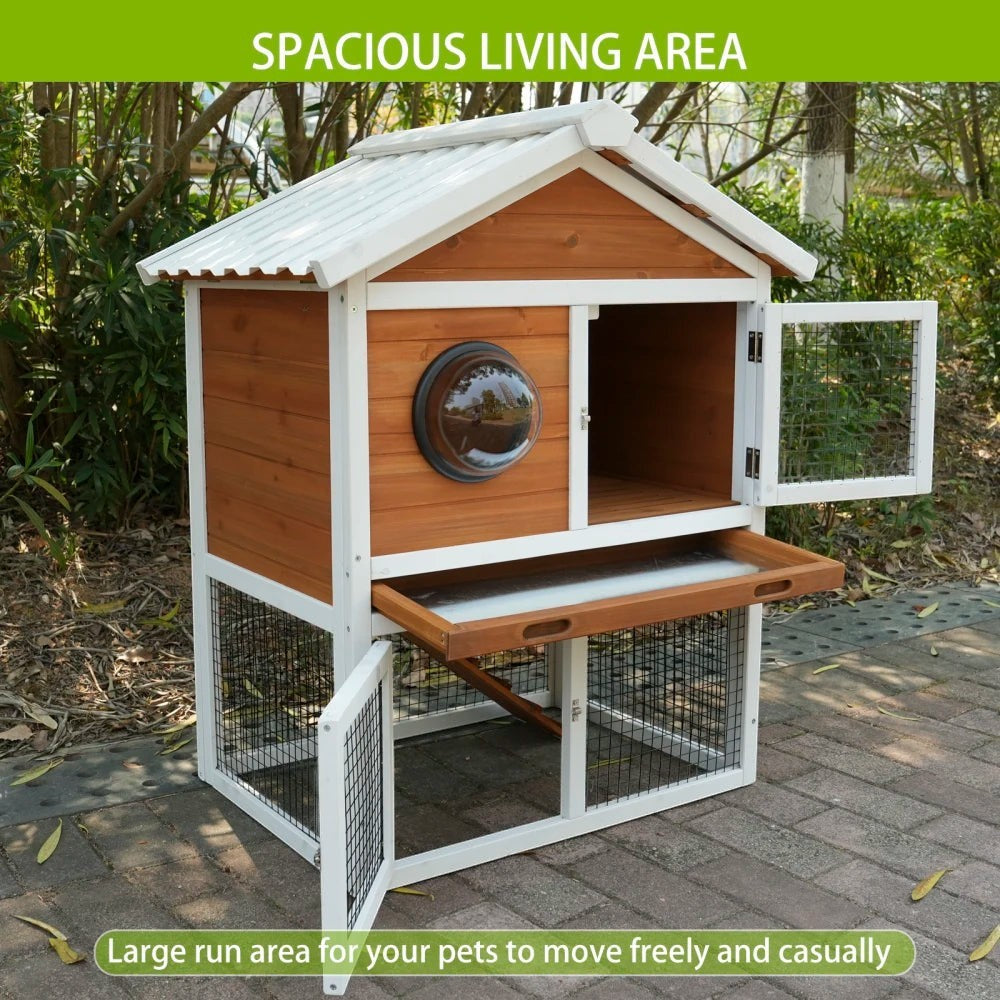 Ye Rabbit Hutch Outdoor: 2-tier Wooden Rabbit House with Waterproof Roof, Removable Tray, Viewing Window, Suitable for Small Animals like Guinea Pigs and Hamsters