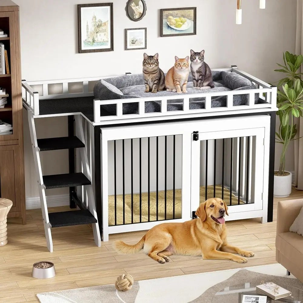 Pet Bunk Bed Stairs Storage, Window Perch, Multi-pose Blanket, Dog Bed for Small to Medium Sizes