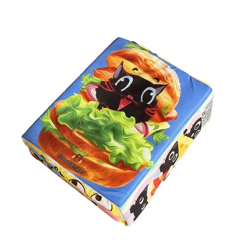 BOOTEELY Cartoon Hamburger Black Cat Snack Box Plush Cat Bed Spacious Cozy Pet Nest For Cats' Comfortable Rest With Cute Design