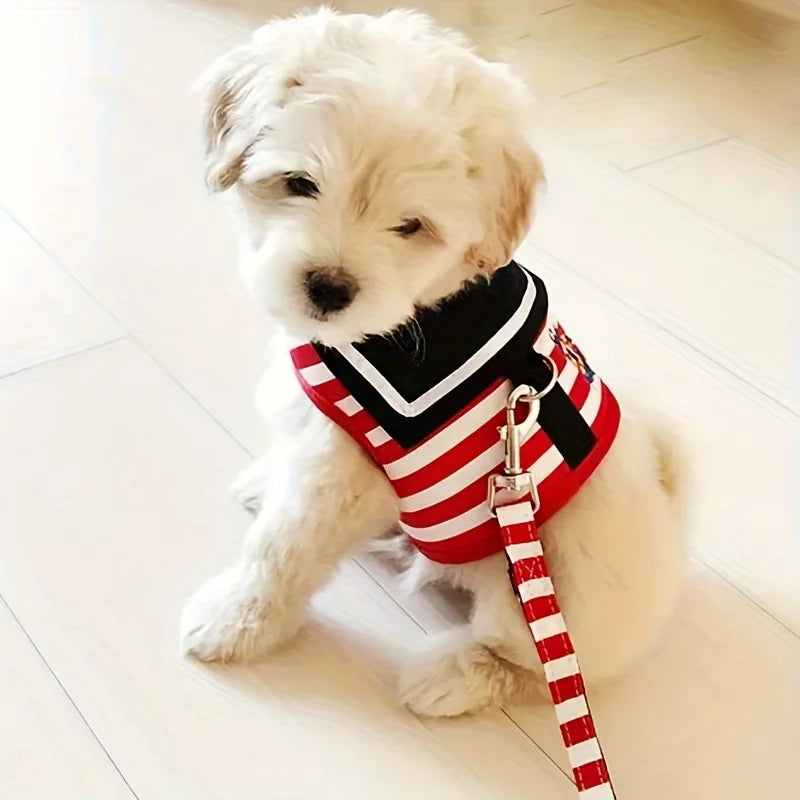 Soft and Breathable Nautical-style Dog Outfit & Leash Set, Suitable for Small and Medium Dogs, Puppy Collars, Harness and Leash for Dogs and Cats