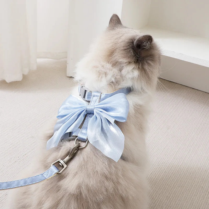 Cat Harness and Leash Set with Big Bow, Escape Proof  Kitten Lead, Adjustable H-Type Vest for Walking, Cute Shiny Accessories