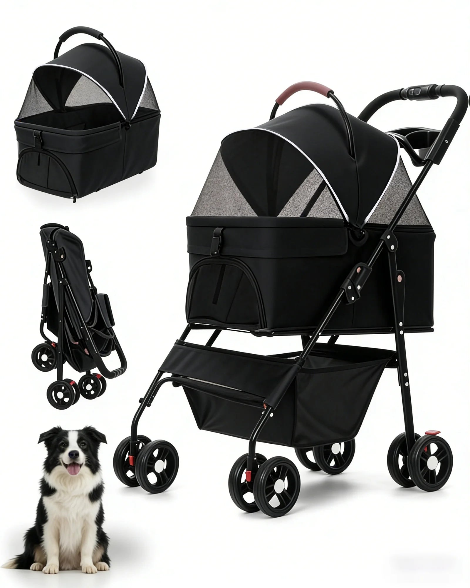Portable Pet Stroller with Removable Pet Carrier Foldable Stroller for Small to Medium-Sized Cats and Dogs