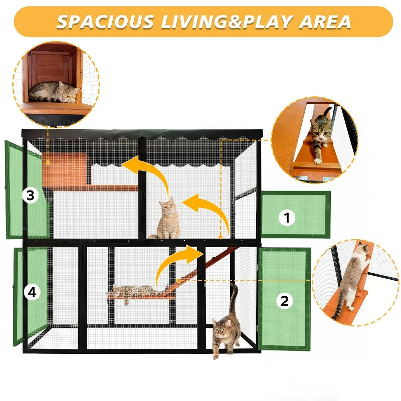 Wooden Catio Outdoor Cat Enclosure Large Cat House for Mulitiple Cats Walk ,Indoor 4 Tier Cat Enclosures House , Outdoor Cat Catio with Waterproof Cover,Ramp