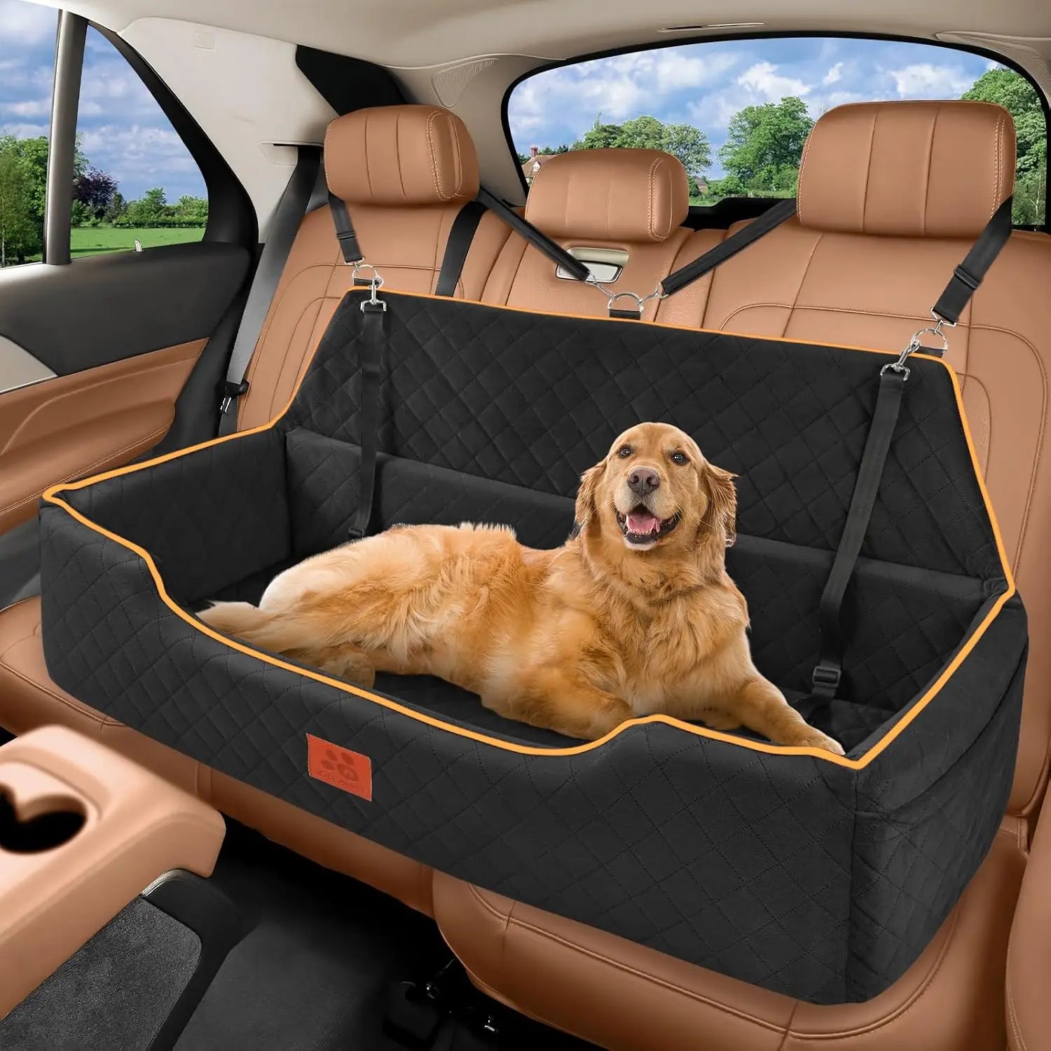 Large Dog Car Seat for Backseat & Trunk, Memory Foam, Washable Cover, Safety Belts, Fits Dogs Under 100 lbs