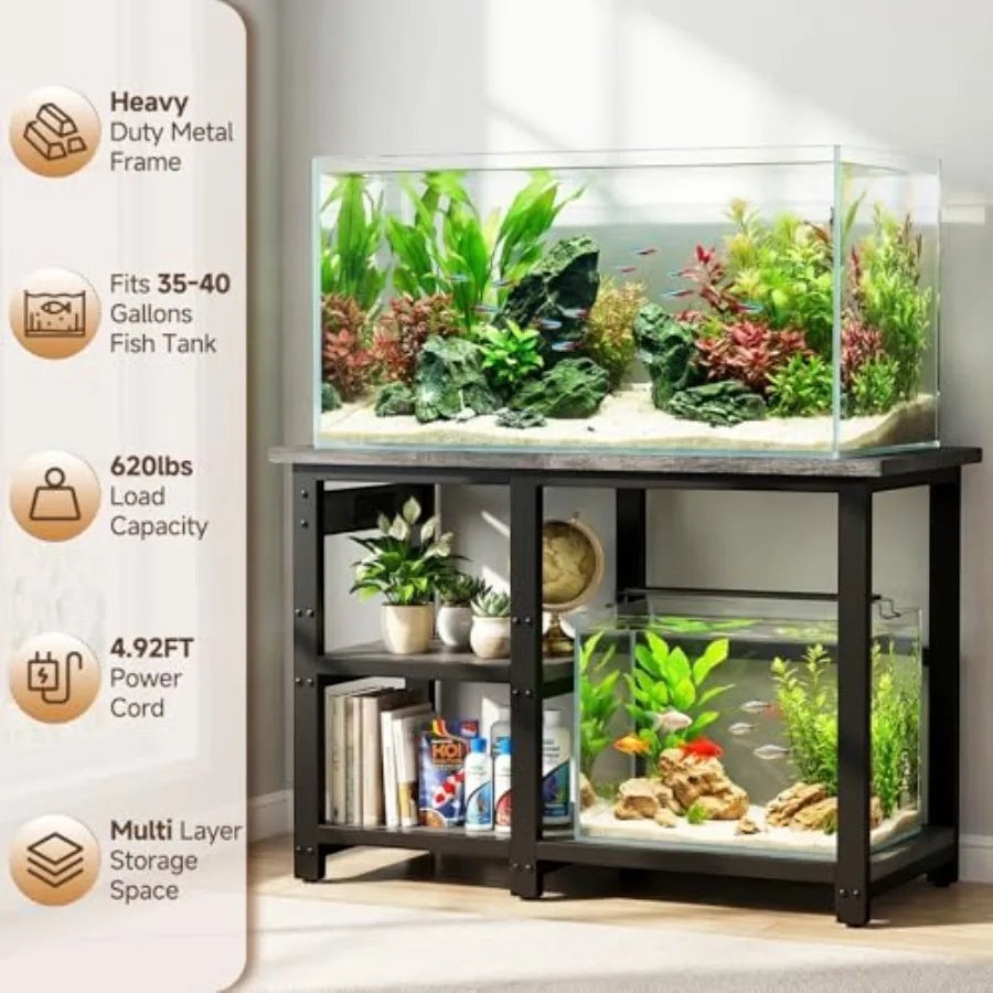 35-40 Gallon Fish Tank Stand with 5 in 1 Power Outlets, 31x18 Inch Heavy Duty Metal Frame Aquarium Stand, Adjustable Storage Sh