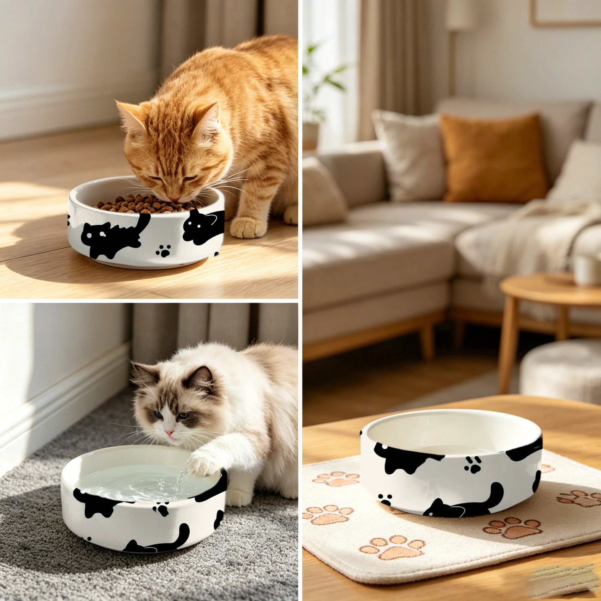 Ceramic Pet Bowl, Suitable for Cat Food & Drinking Water, Cute Printed Pattern, Sturdy & Durable, Ideal Choice for Cat Lovers，3