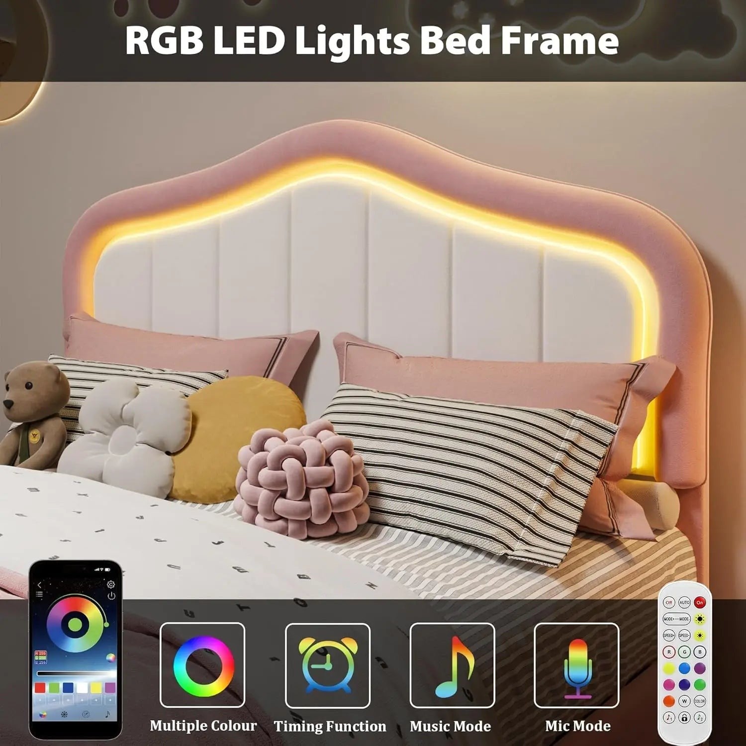 Kids Upholstered Bed Frame with LED Crown Headboard, Velvet Fabric and Metal-Wood Construction, Modern Princess Style Platform B