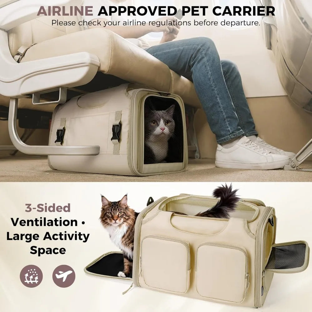 Dog & Cat Carrier for Pets Up to 12 Lbs, Airline Approved Collapsible Soft-Sided Travel Bag with Locking Zippers, Breathable Mesh & 4 Large Pockets, Removable Fleece Pad