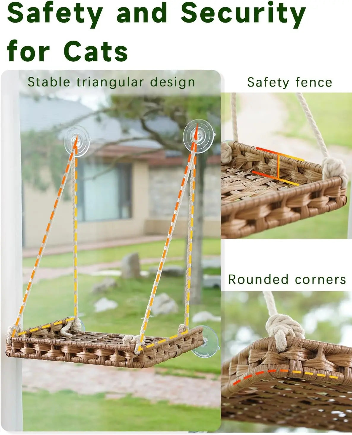 Cat Window Perch Hammock Bed for Indoor Cats, Large Handwoven PE Rattan Window Seat, 4 Suction Cups, Washable Cushion, 2.3 Inch Fence Shelf