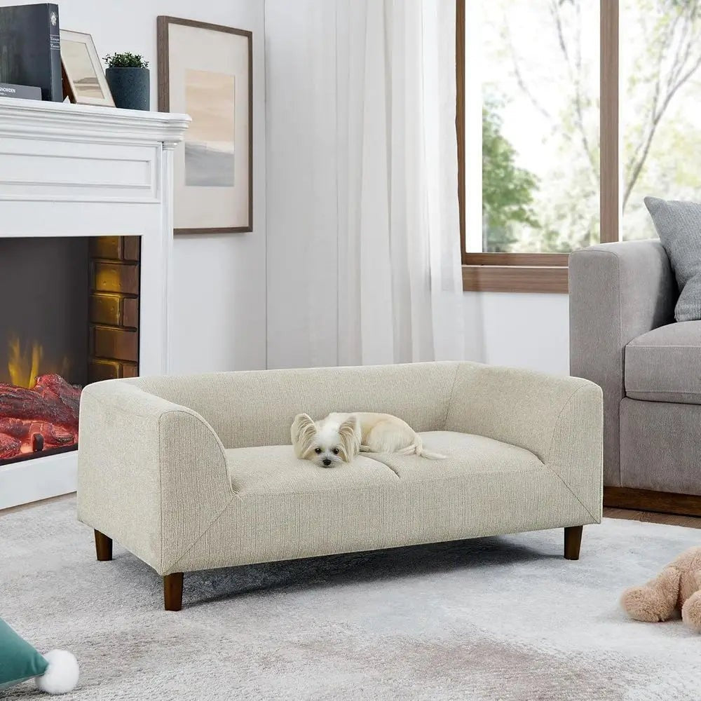 Memory Foam Dog Sofa Bed with Backrest and Armrest, Elevated Pet Couch Bed with Wooden Legs, Beige