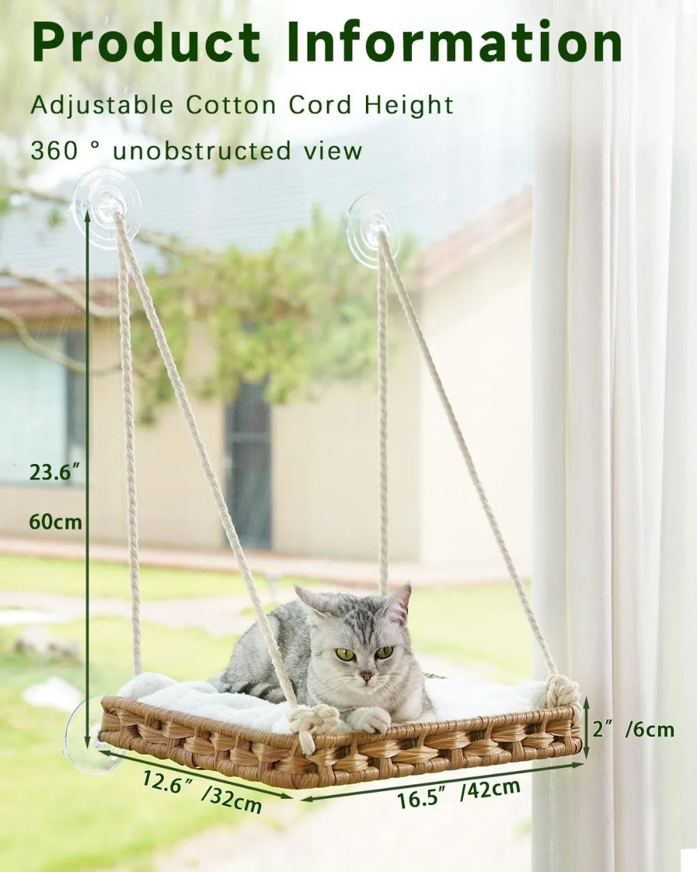 Cat Window Perch Hammock Bed for Indoor Cats, Large Handwoven PE Rattan Window Seat, 4 Suction Cups, Washable Cushion, 2.3 Inch Fence Shelf