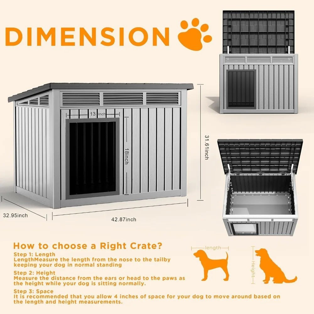 Large Dog House Outdoor Indoor Weatherproof Removable Roof Gray 42.9x32.9x31.6in