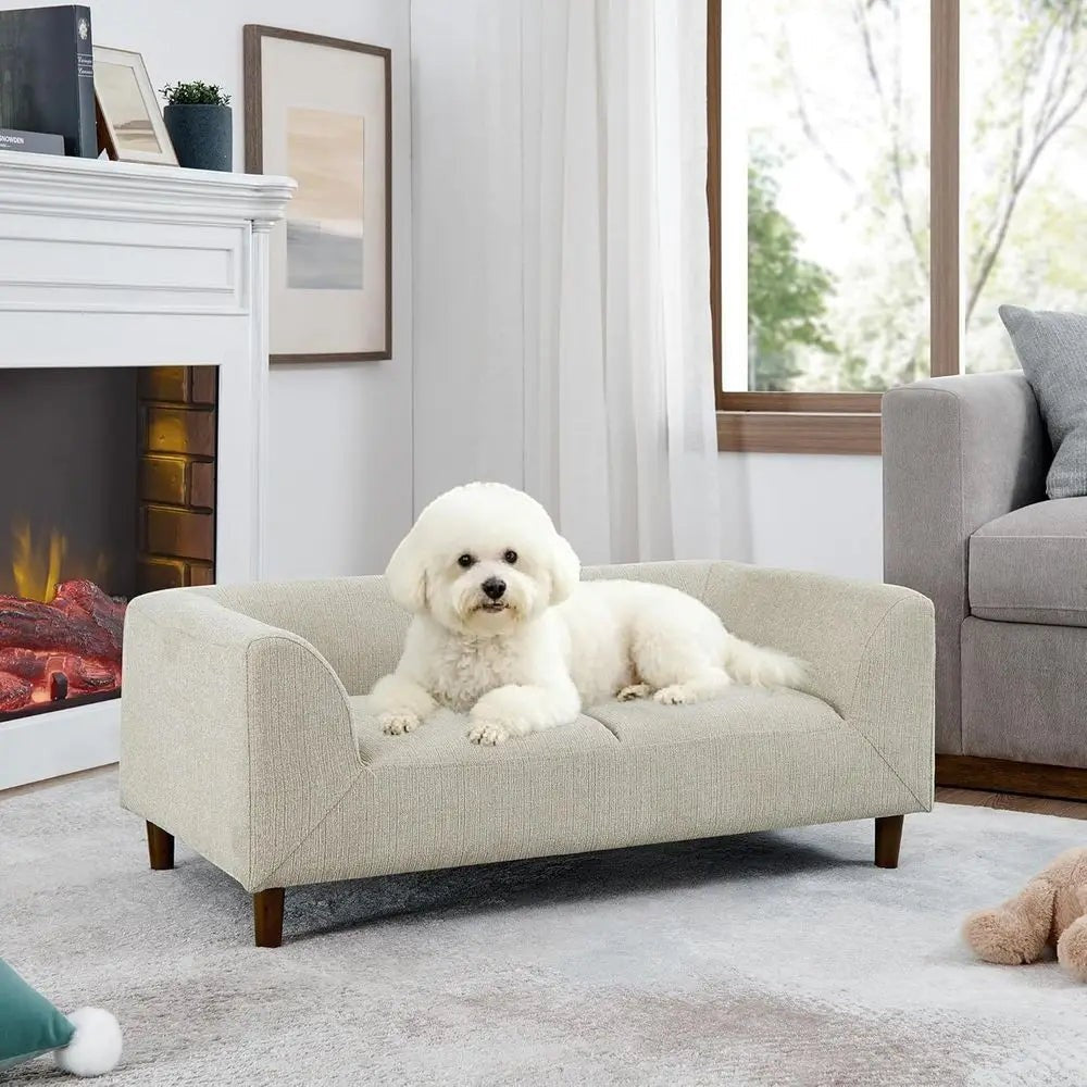 Memory Foam Dog Sofa Bed with Backrest and Armrest, Elevated Pet Couch Bed with Wooden Legs, Beige
