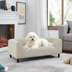 Memory Foam Dog Sofa Bed with Backrest and Armrest, Elevated Pet Couch Bed with Wooden Legs, Beige