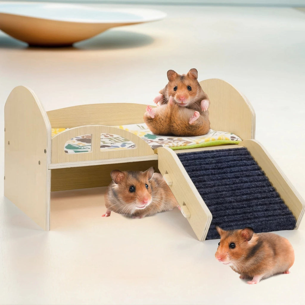 Guinea Pig Bed with Stable Stairs & Mat Wood Pet Toy Bed Reusable Multi-Level Guinea Pig Castle for Hamsters Bunny Chinchillas