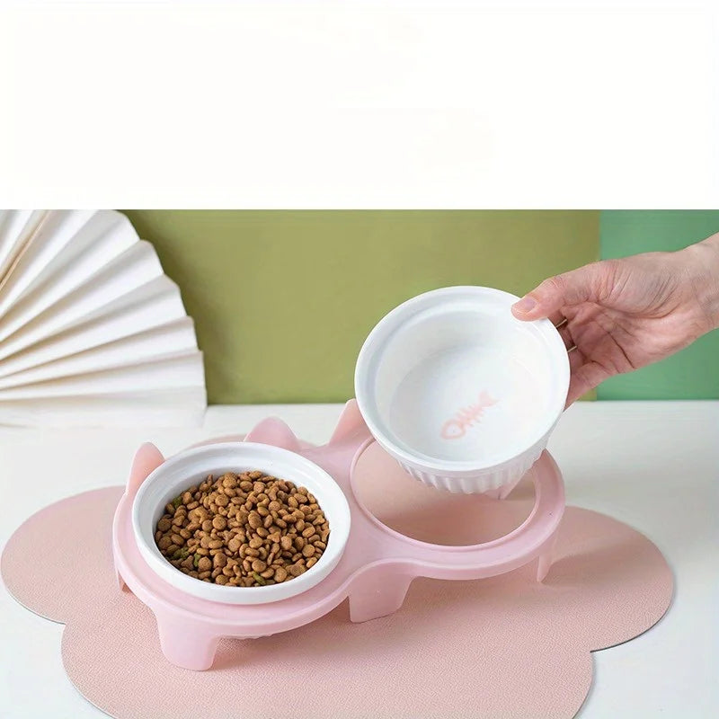 Pet Feeding Bowl Cat Single Capacity 15° Tilt Neck Protection Anti Slip Stainless Steel Indoor Daily Kitten Plastic Base