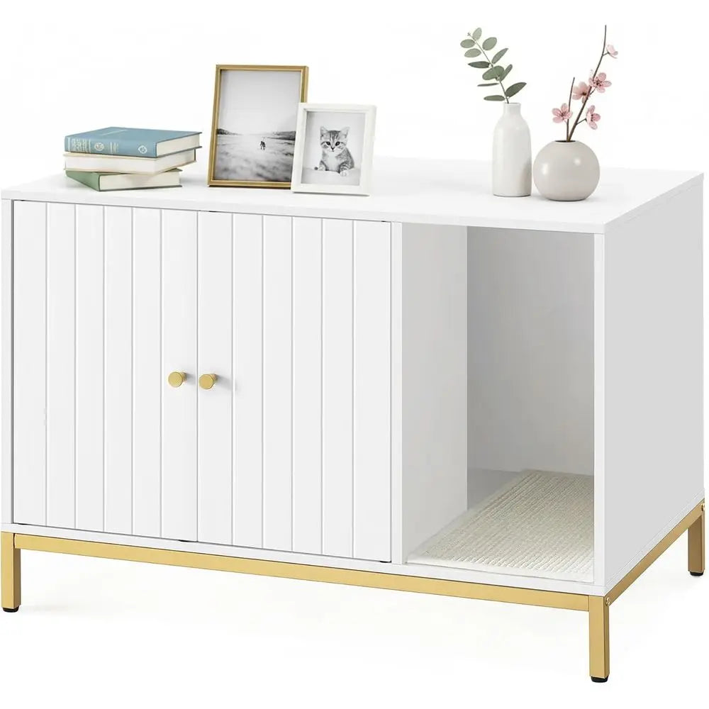 White & Gold Litter Box Cabinet — Winding Entry, Scratch Pad