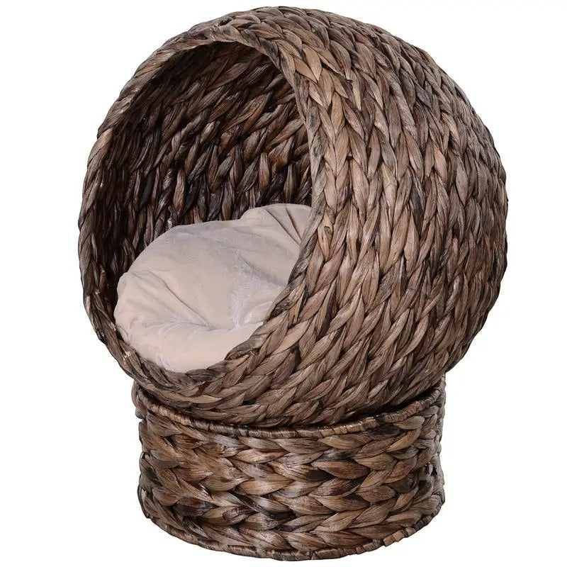 PawHut Water Hyacinth Cat Basket with Cushion, Cat Bed, Pet Bed, 50 cm x 42 cm x 60 cm, Brown + Beige
