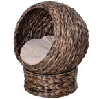 PawHut Water Hyacinth Cat Basket with Cushion, Cat Bed, Pet Bed, 50 cm x 42 cm x 60 cm, Brown + Beige