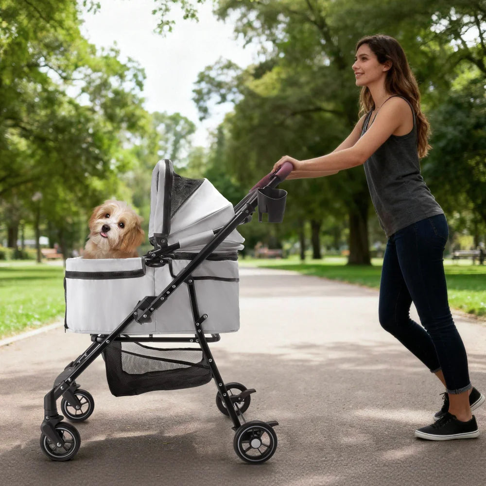 4-Wheel Foldable Pet Stroller for Dogs & Cats with 360° Rotating Wheels, Separable Carrier & Travel Bag for Small Animals