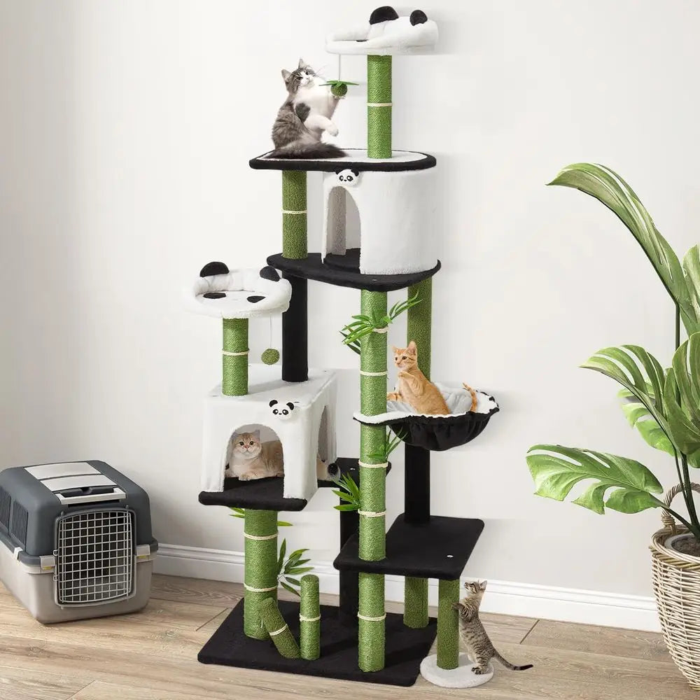 71.3 Tall Cat Tower with Panda Design: Spacious Kitty Condo, Sisal Scratching Post, Hammock, and Multi-Level Platforms