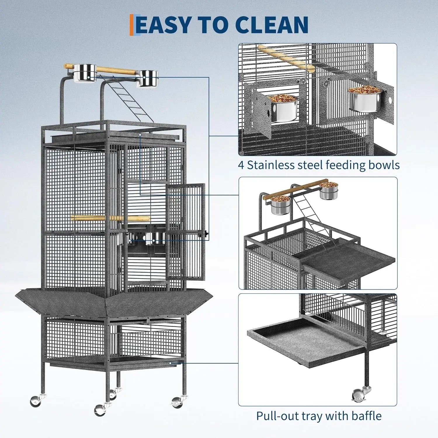 Large Bird Cage, Metal Parakeet Cage with Play Top, Wood Perches & Feeder, Spacious Rolling Flight Cage for Parrots, Cockatiels
