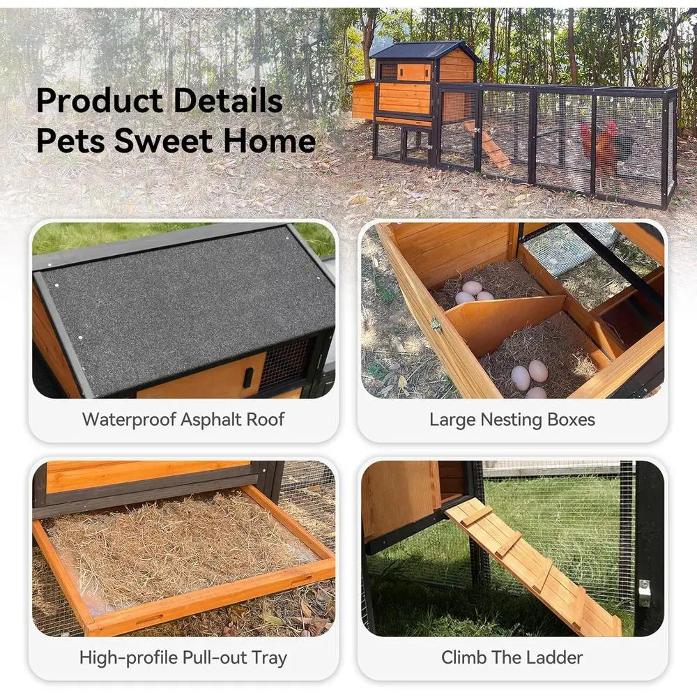 Large Wooden Chicken Coop with Nesting Boxes & Run Cage for 3-6 Chickens, Outdoor Hen House Poultry Hutch Rabbit Cage with No-Sl
