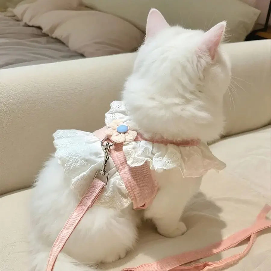 Floral Lace Pet Harness Dress with Matching Leash, Ruffle Princess Style, Breathable Fabric. Cute decorative outfit for small dogs and cats, comfortable walking harness for outdoor strolls, photo shooting and daily wearing