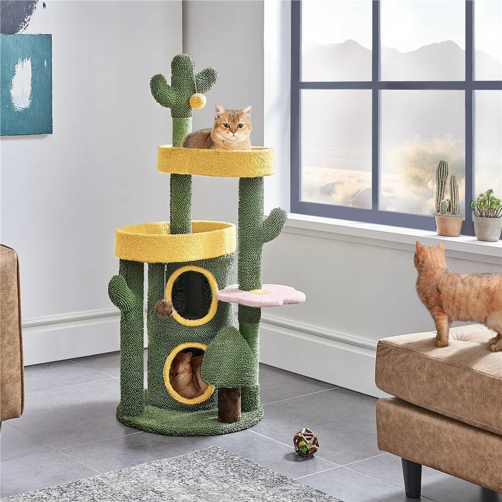 48.5in Cat Tree Oasis-Themed Fleece-Covered Cat Tree Tower, Cactus Cat Condo with 3 Perches/Scratching Posts/Toys, Cute Cat House Activity Center, Anti-tipping, Ideal Christmas Gift for Indoor Cat Kitty, Green & Yell