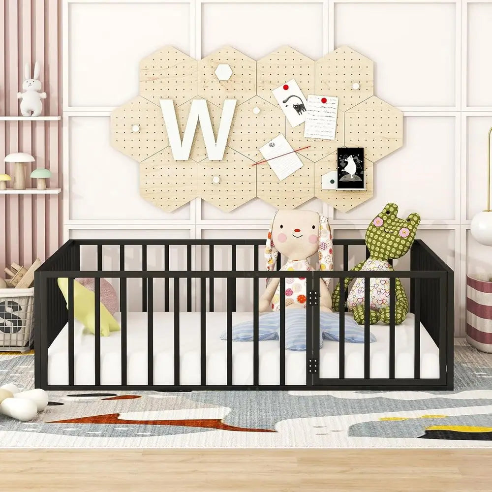 Full Size Metal Bed with Rail and Door for Kids, Suitable for Boys and Girls in Black