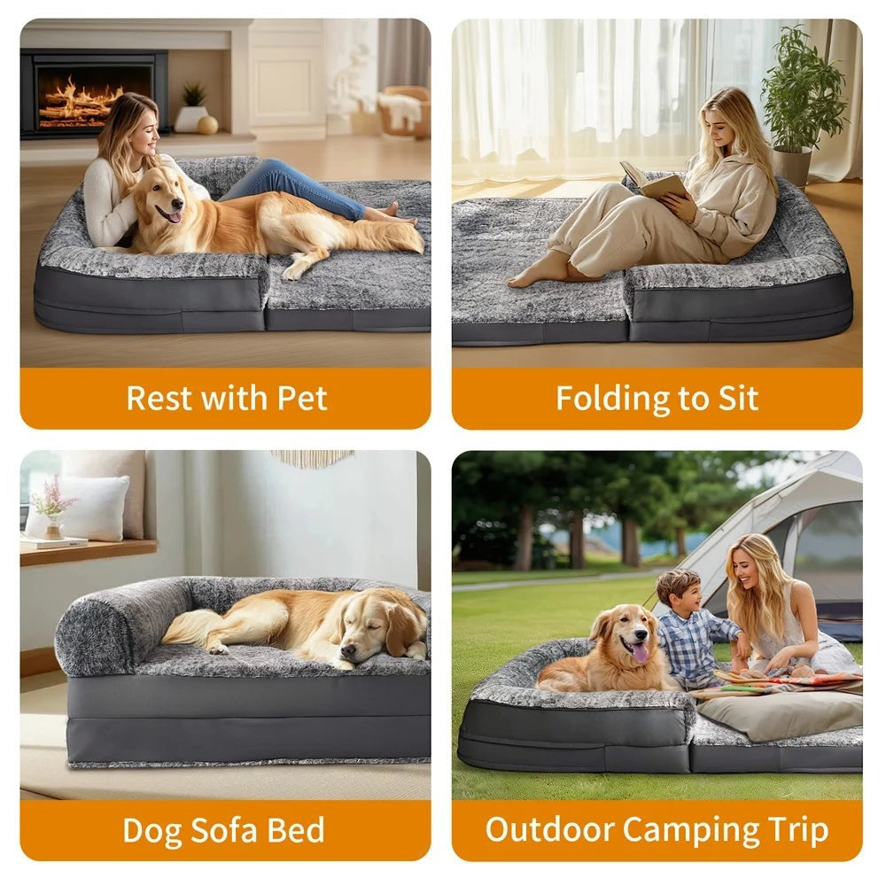Foldable Human Dog Bed for Adult 2 in 1 Calming Large Dog Bed Washable Waterproof Dog Sofa Couch Bed Plush Cover Bolster Lounge