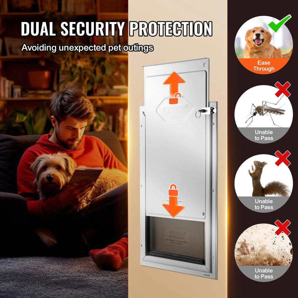 Pet Door Aluminum Frame with Lock and Flap System Weatherproof Doggy Door Easy to Install in Interior or Exterior Doors
