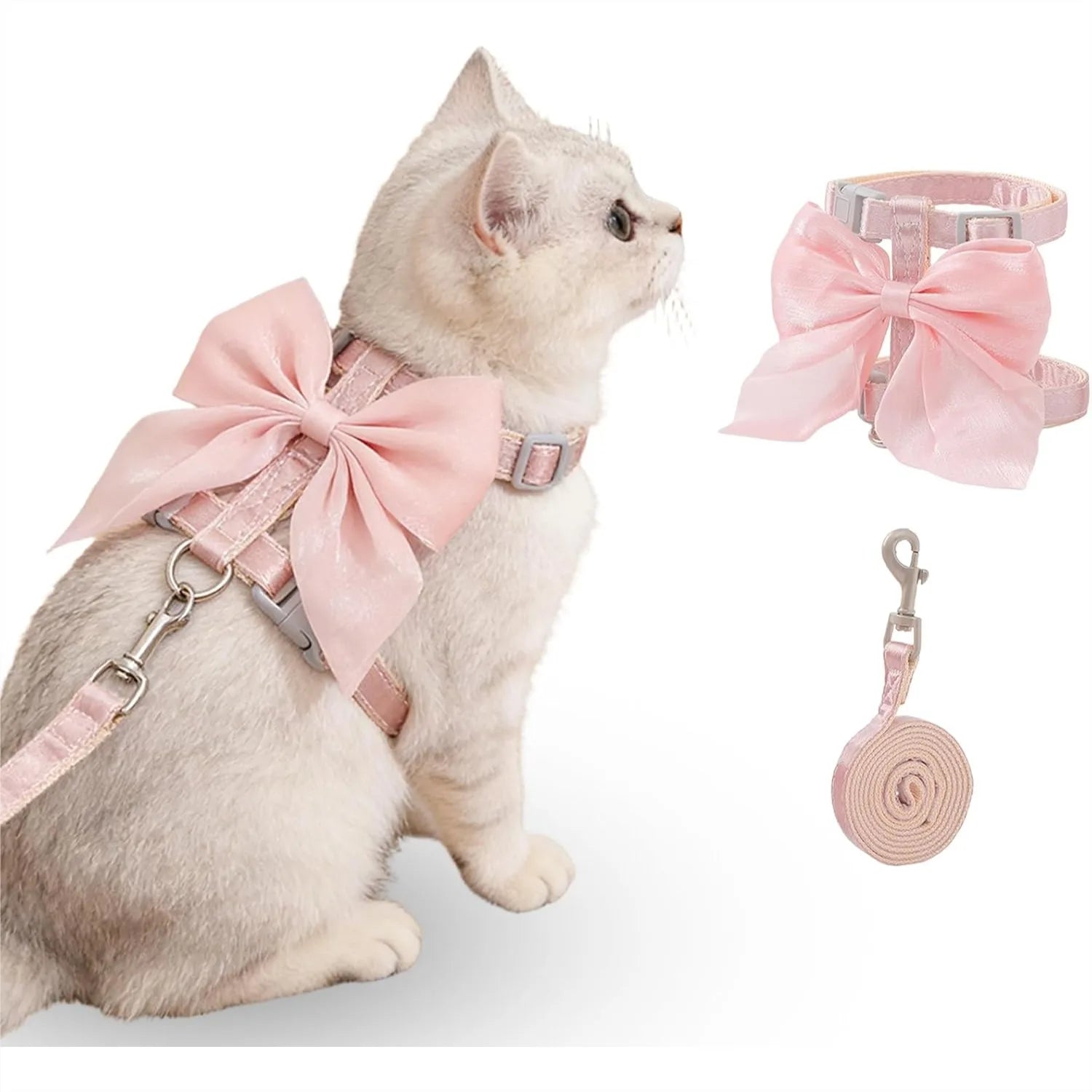 Pink Bow Cat Harness and Leash Set Escape Proof Adjustable for Walking Outdoor with Soft Lightweight Design for Small Cats