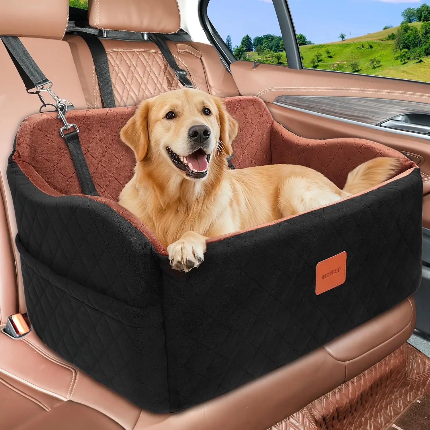 Memory Foam Dog Car Seat for Medium/Large Dogs, Booster Seat for Backseat with Safety Leashes, Black/Grey, Large