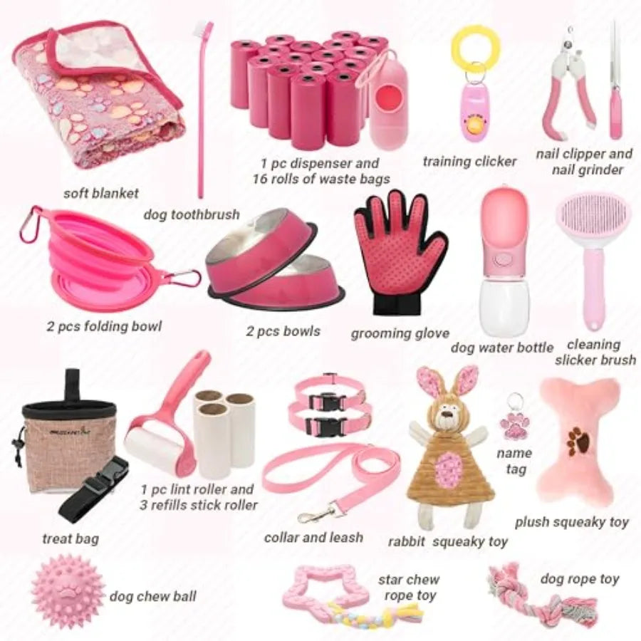 Puppy Supplies Starter Kit - Puppy Essentials Includes Dog Squeaky Toys Collar Leash Treat Bag Poop Waste Bag Blanket Bowls Wat